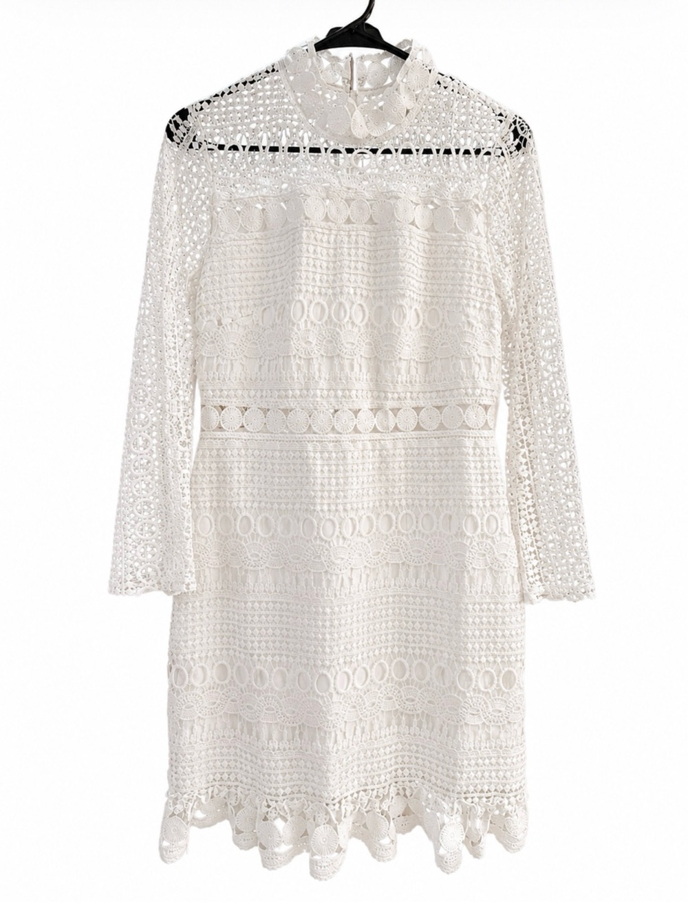 Jaus Women's Ivory Lace Mini Dress - High Neck Long Sleeve